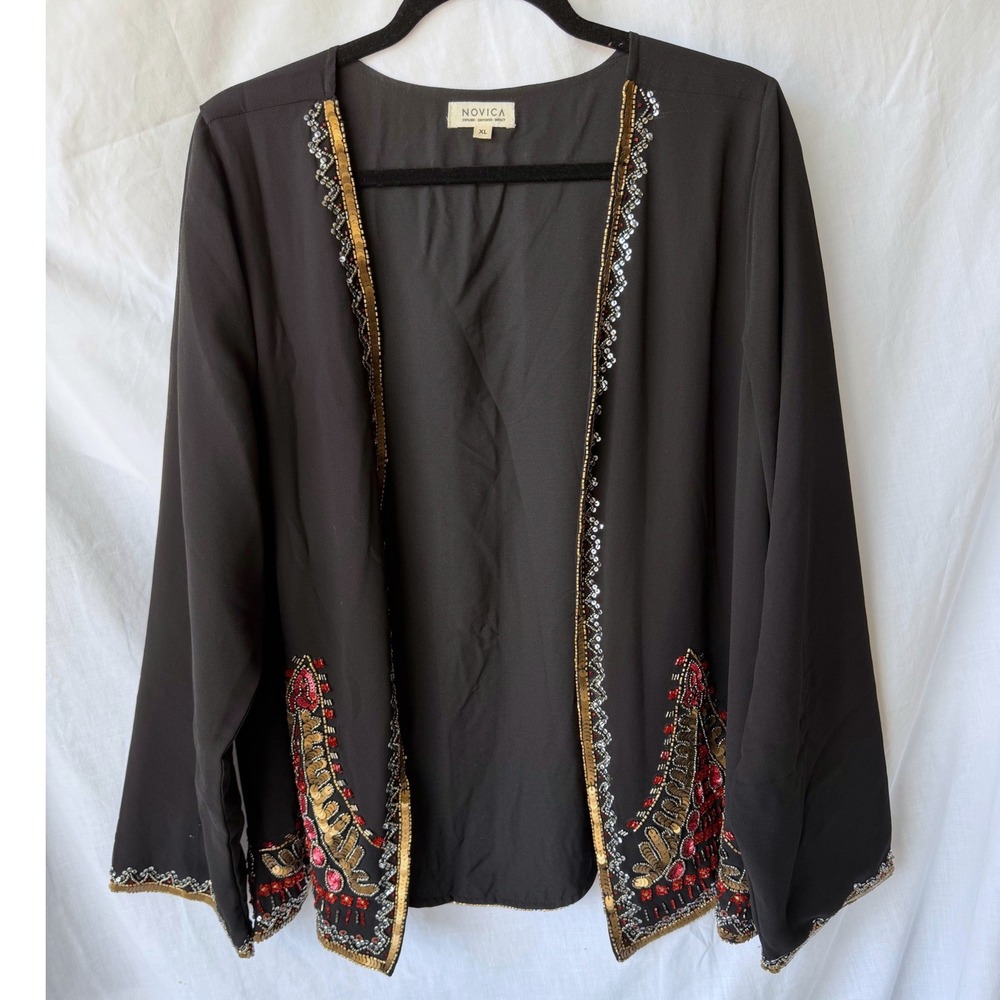 Novica Midnight Glitz Cardigan Black Beaded Sequin Embellished Gala Holiday XL